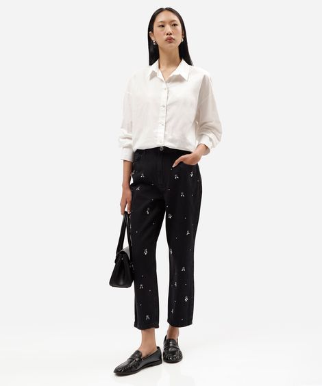 calça mom feminina jeans com brilhos cintura alta preta
