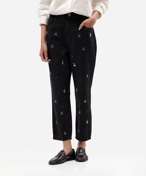 calça mom feminina jeans com brilhos cintura alta preta