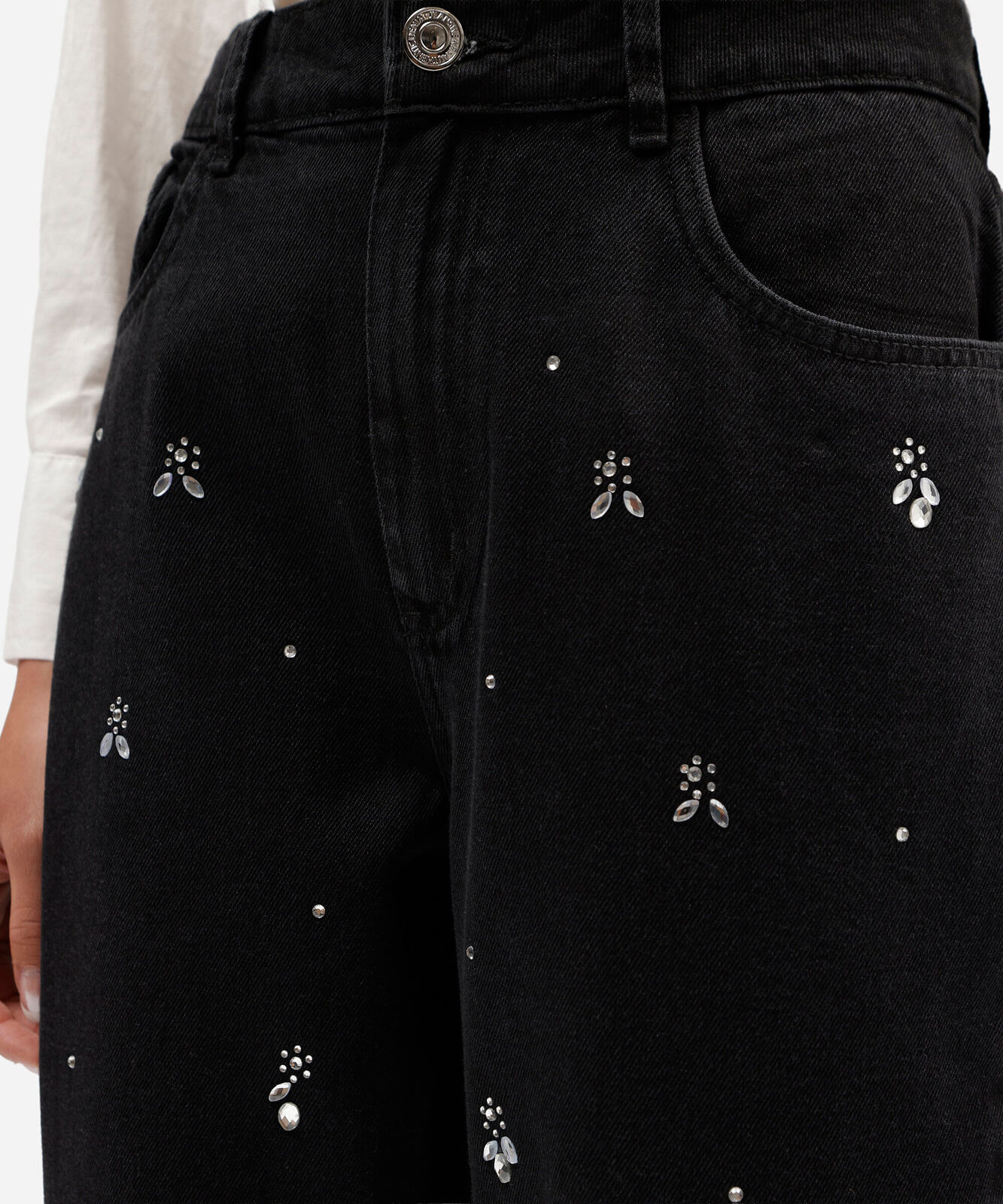 calça mom feminina jeans com brilhos cintura alta preta