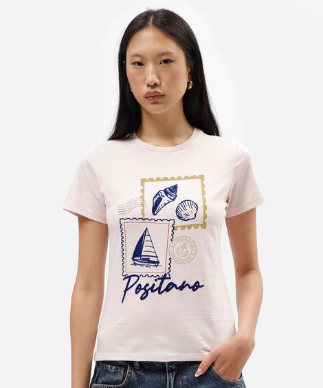 camiseta feminina de algodão manga curta estampada rosa