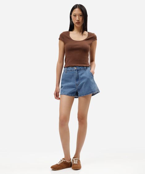short mom feminino jeans cintura alta azul