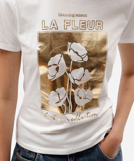 camiseta feminina de algodão manga curta floral off white