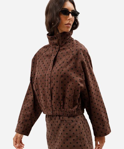 jaqueta bomber feminina de sarja funnel neck poá marrom
