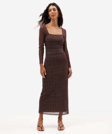 vestido midi feminino de tule franzido poá marrom