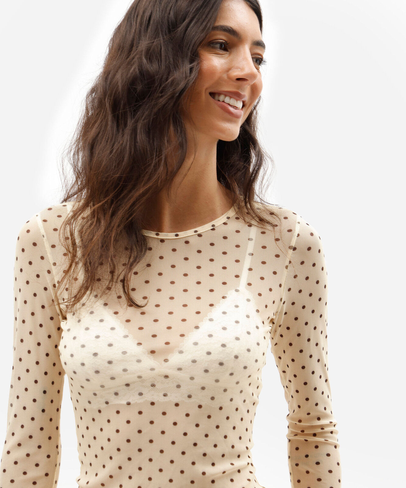 blusa feminina de tule manga longa poá amarela