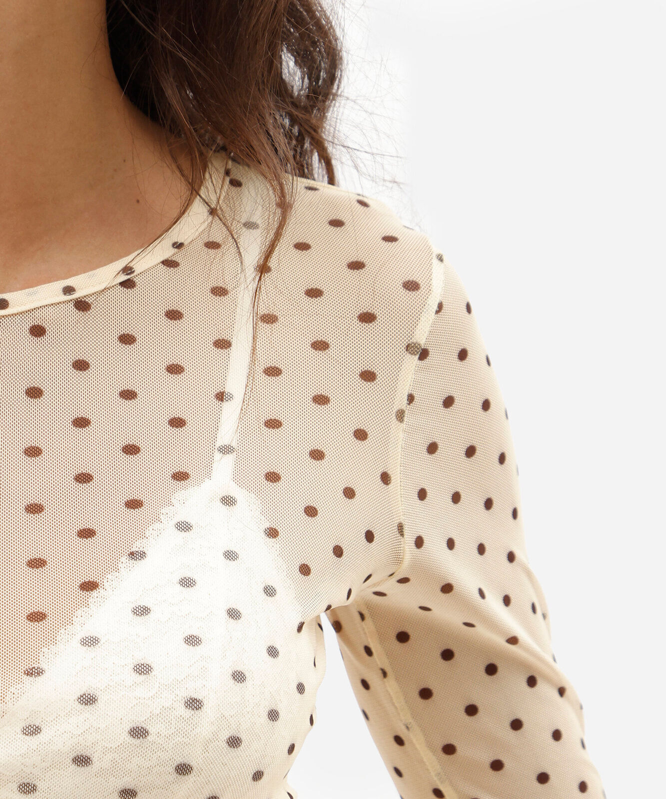 blusa feminina de tule manga longa poá amarela