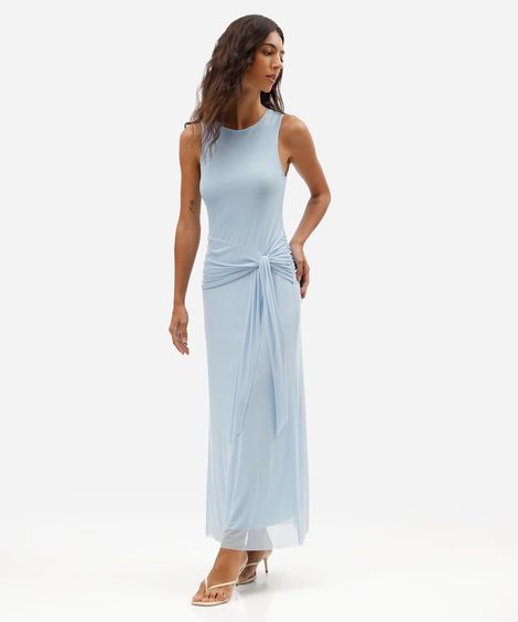 vestido longo feminino de tule com amarração azul