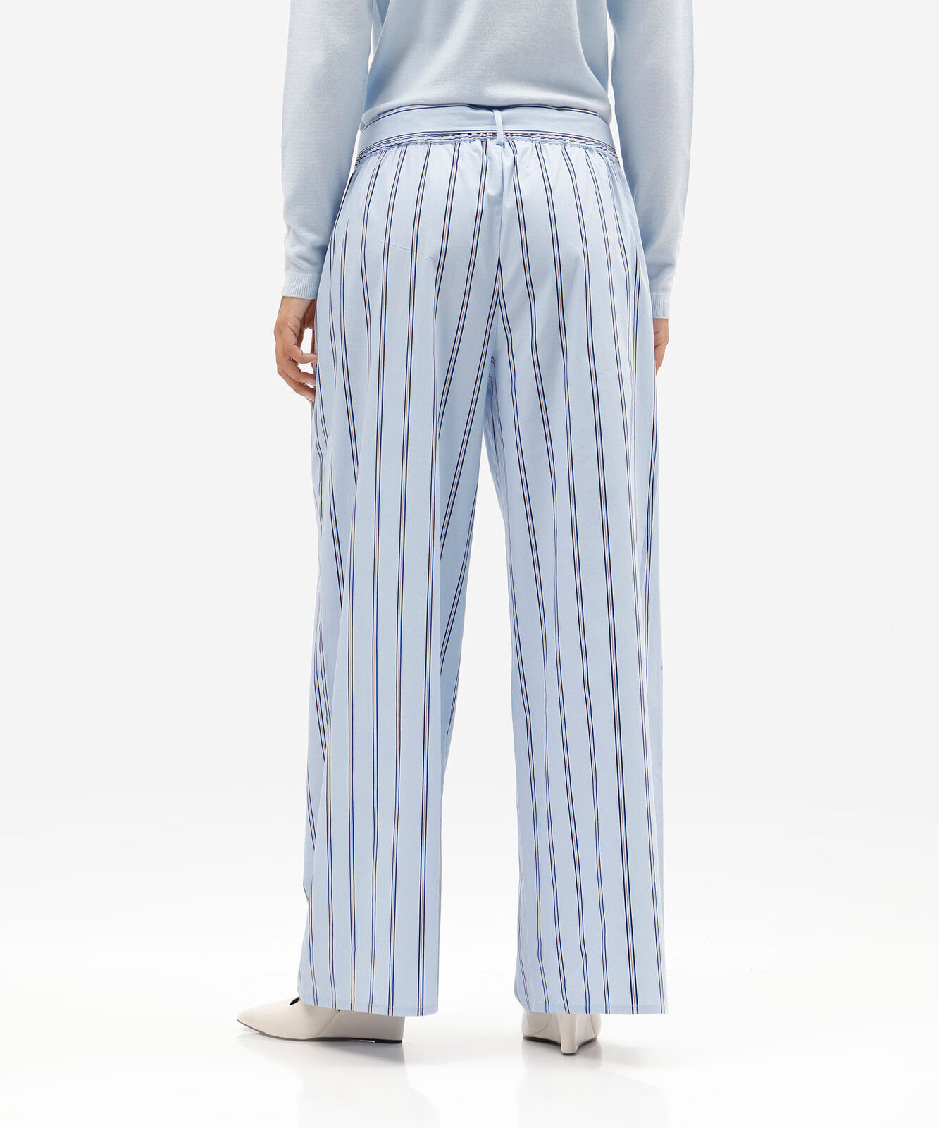 calça baggy feminina de tricoline listrada com pregas azul