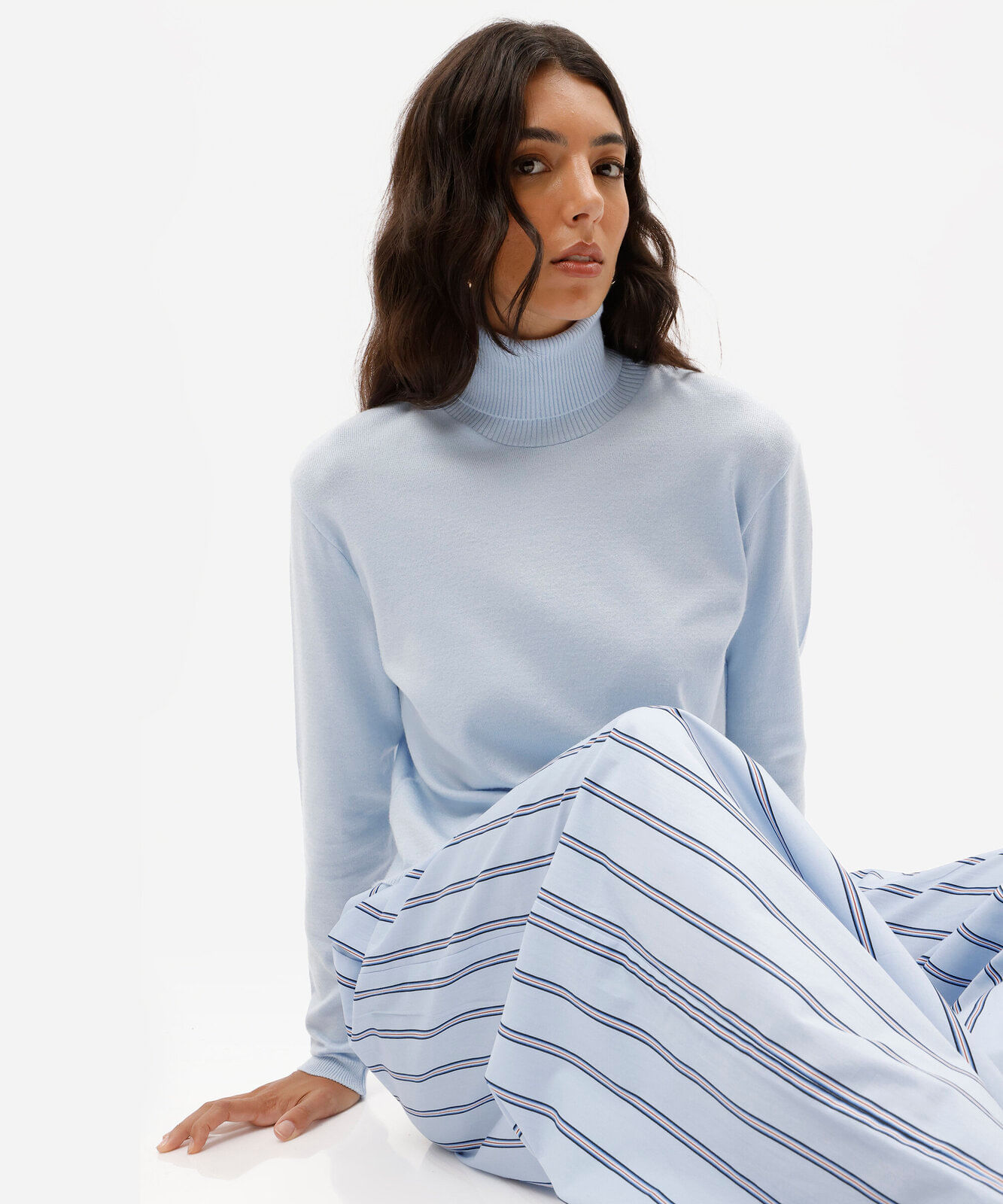 calça baggy feminina de tricoline listrada com pregas azul