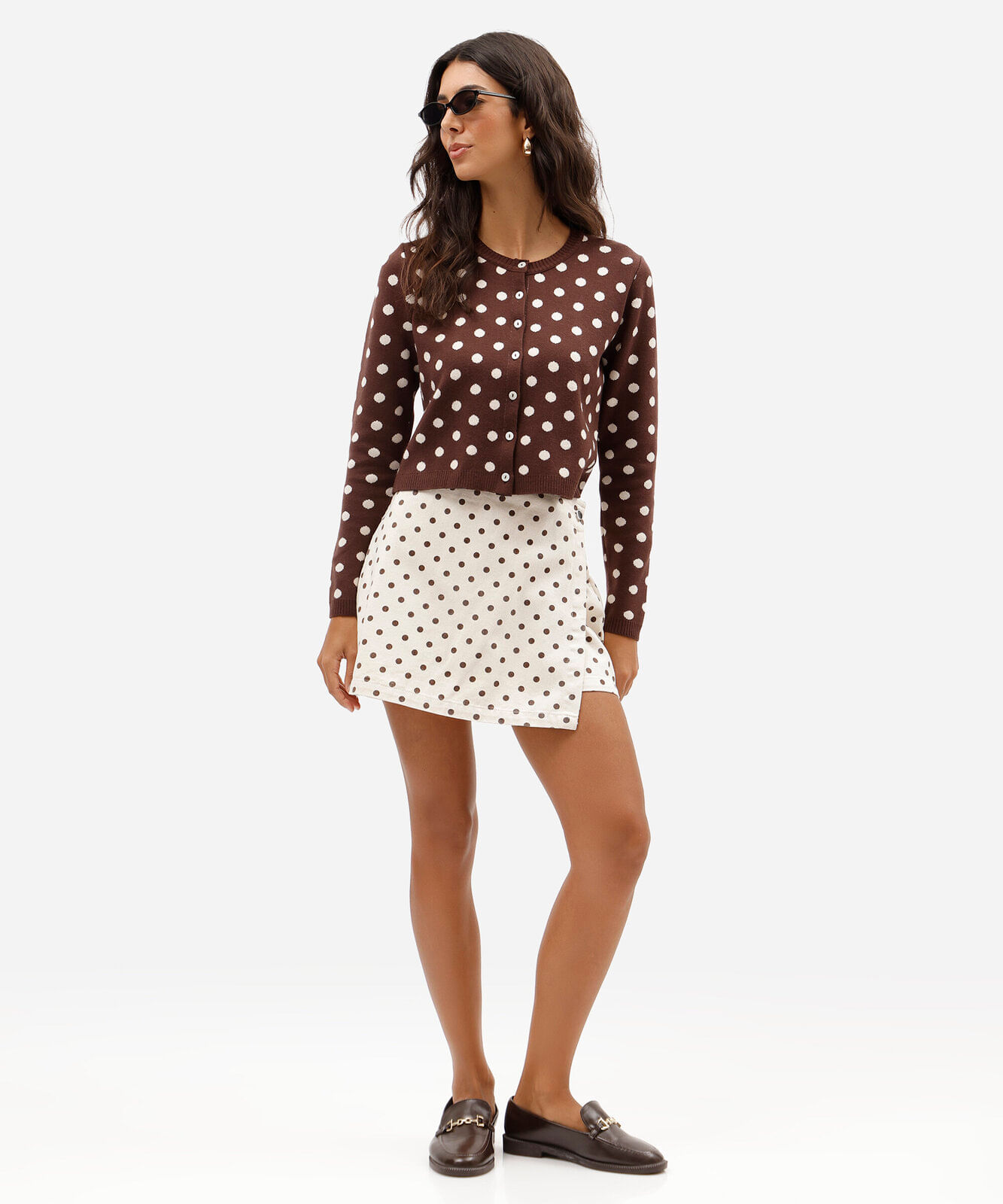 short saia feminino de sarja poá cintura alta off white