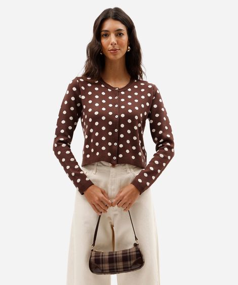 cardigan feminino de tricô com estampa de poá marrom
