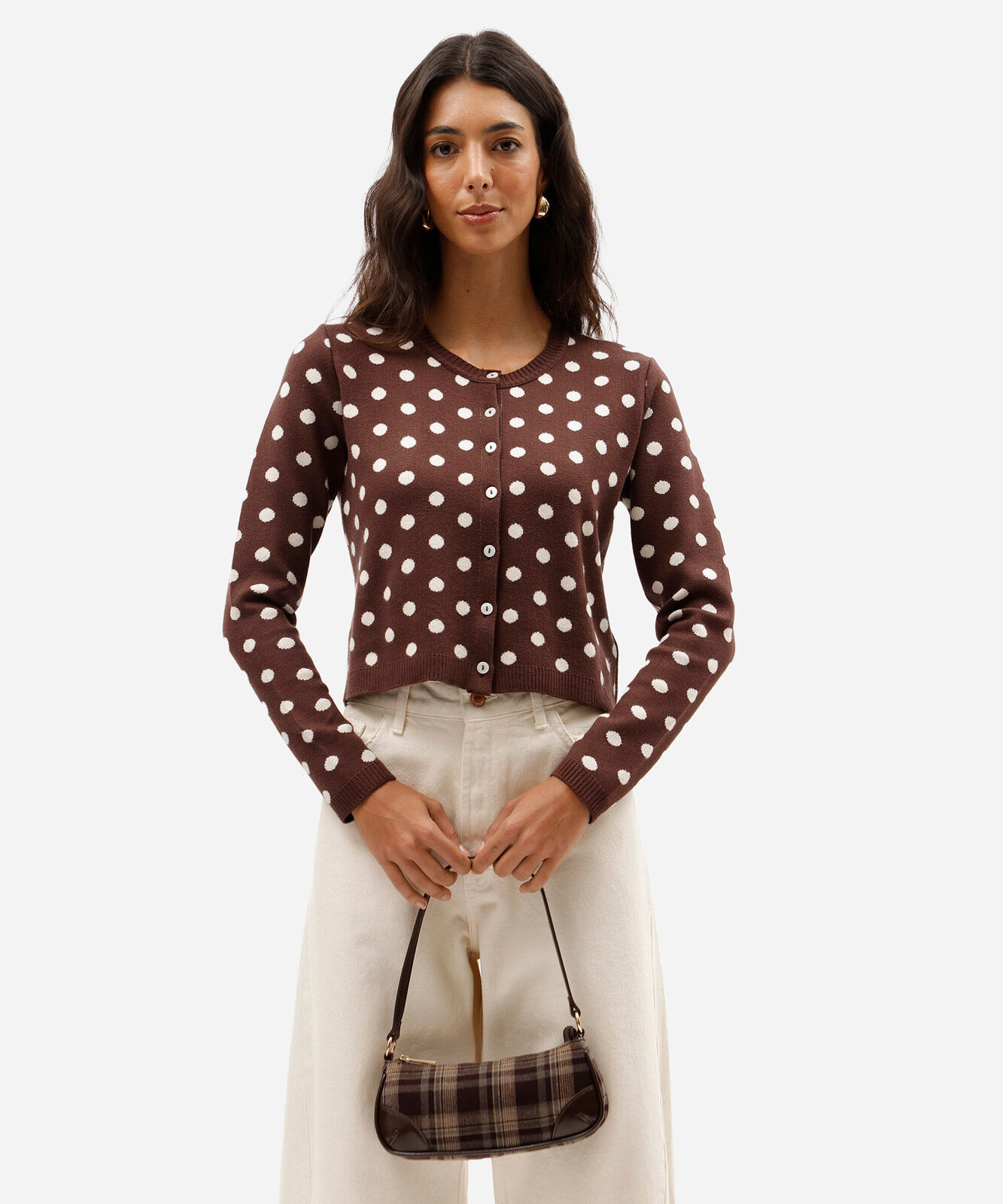 cardigan feminino de tricô com estampa de poá marrom