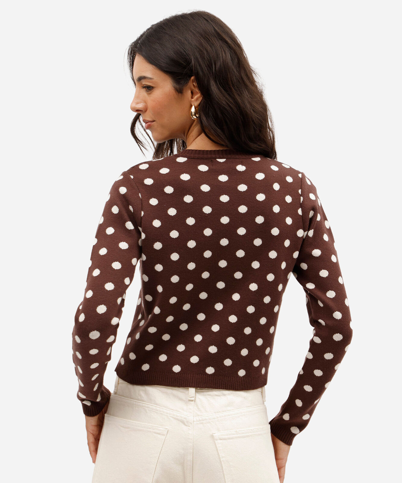 cardigan feminino de tricô com estampa de poá marrom