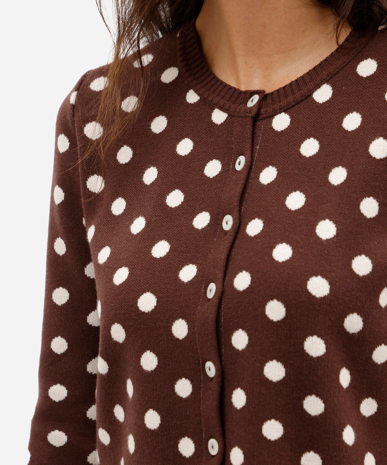 cardigan feminino de tricô com estampa de poá marrom