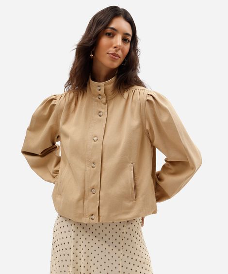 jaqueta feminina de sarja funnel neck manga bufante bege