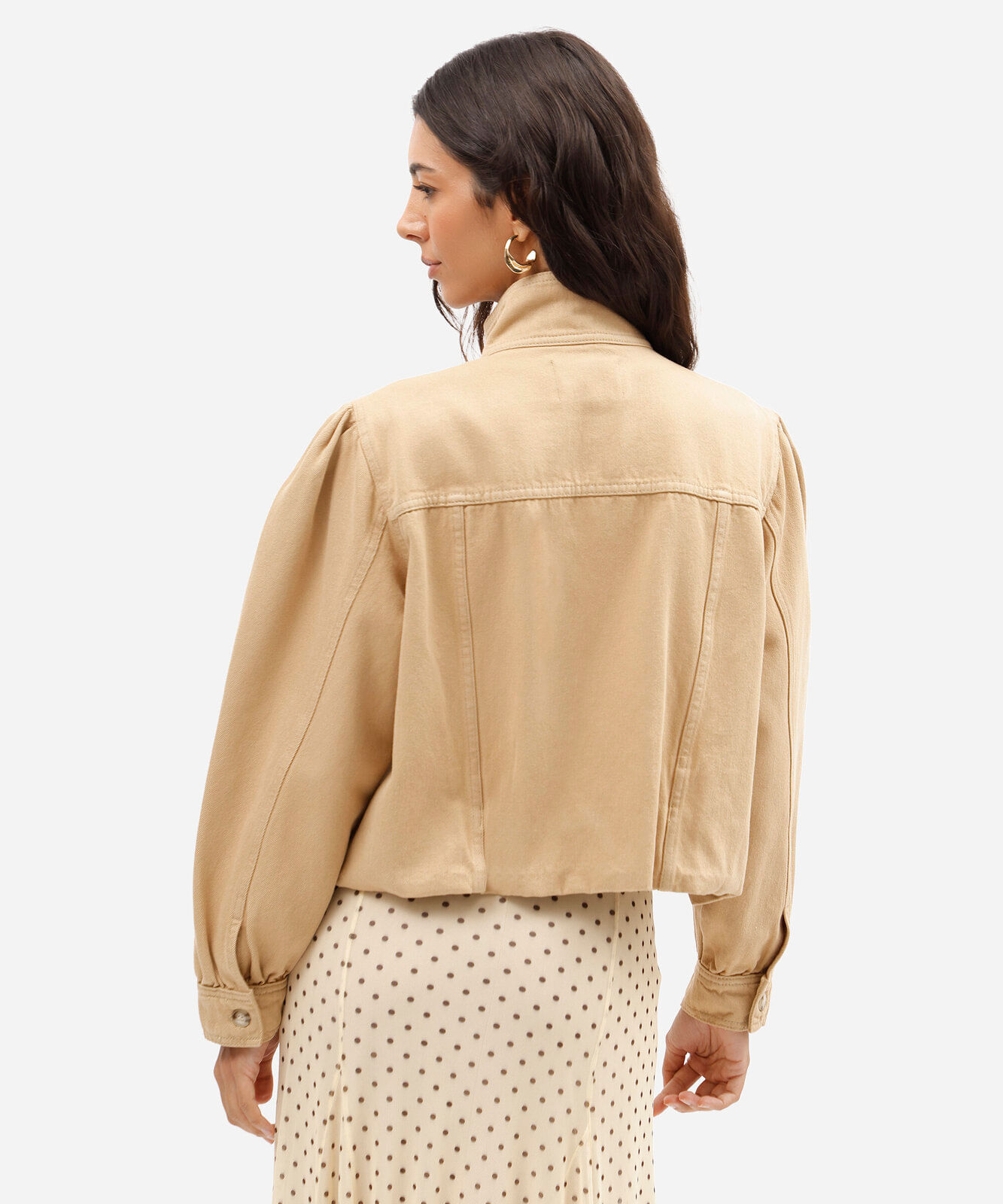 jaqueta feminina de sarja funnel neck manga bufante bege