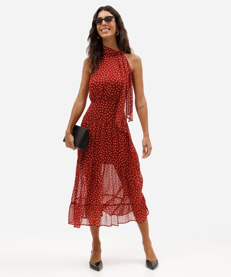 vestido midi de crepe com gola laço e estampa poá vermelho