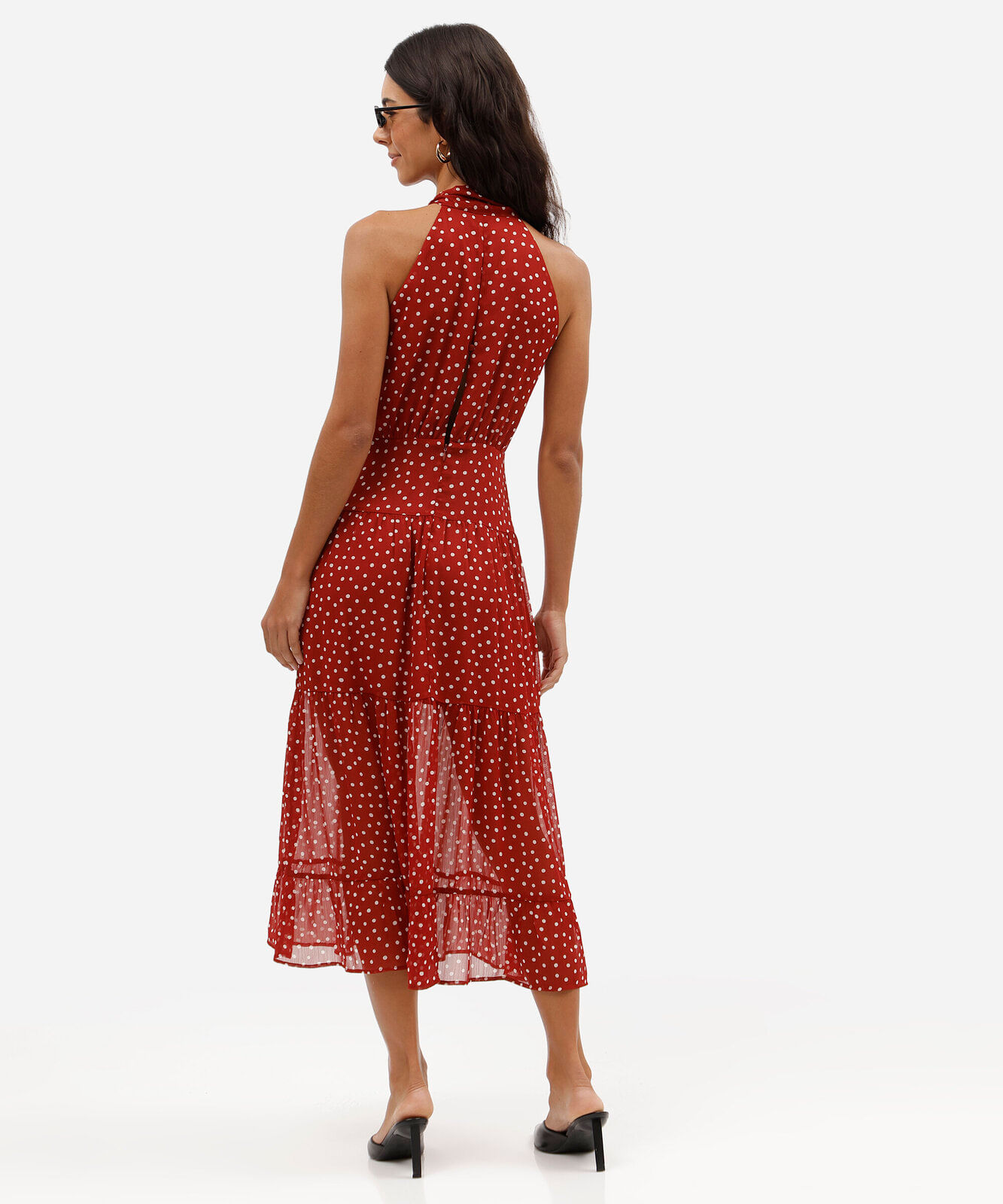 vestido midi de crepe com gola laço e estampa poá vermelho