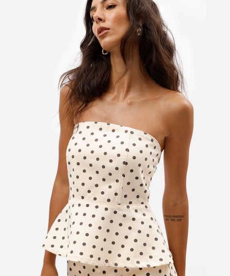 blusa peplum sem alça feminina de sarja poá off white