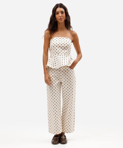calça pantacourt feminina de sarja com estampa poá off white