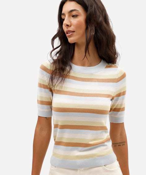 blusa feminina de tricot manga curta listrada azul