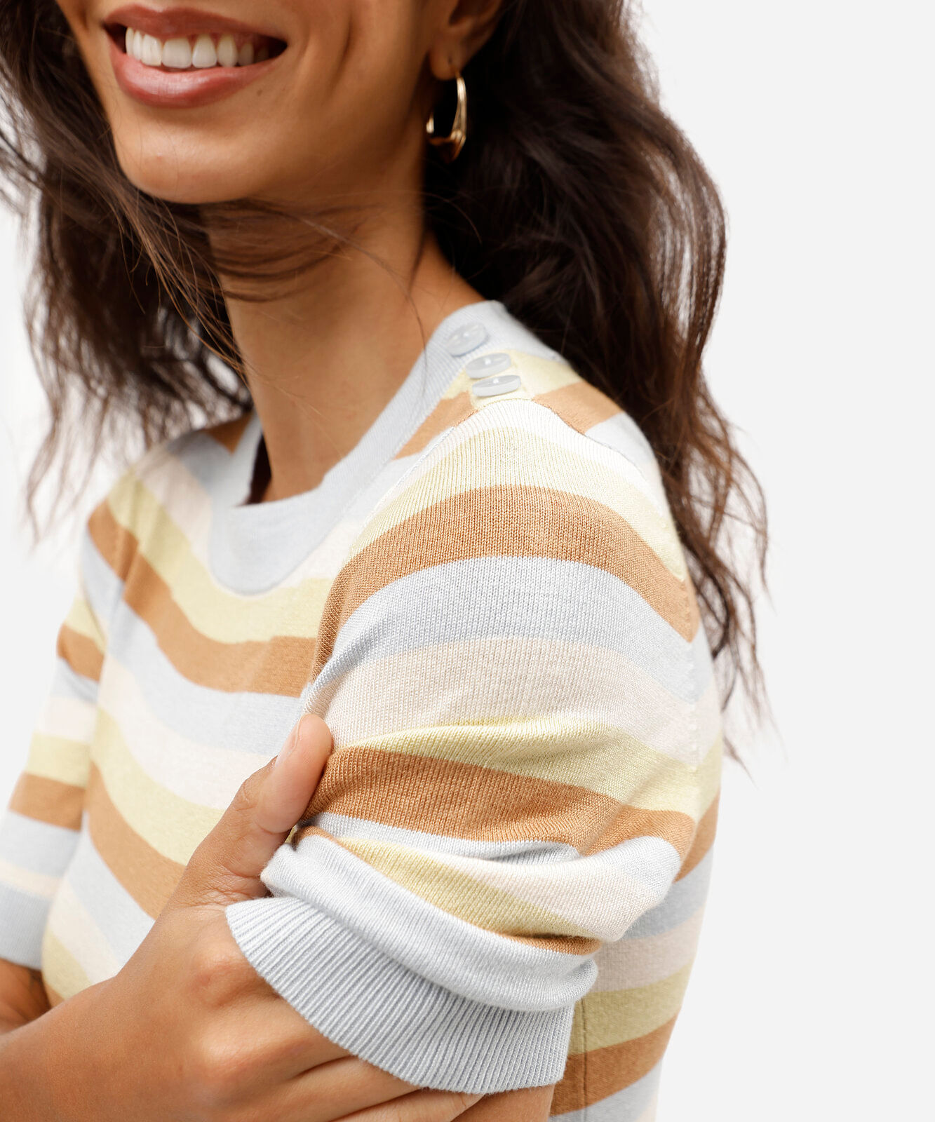 blusa feminina de tricot manga curta listrada azul