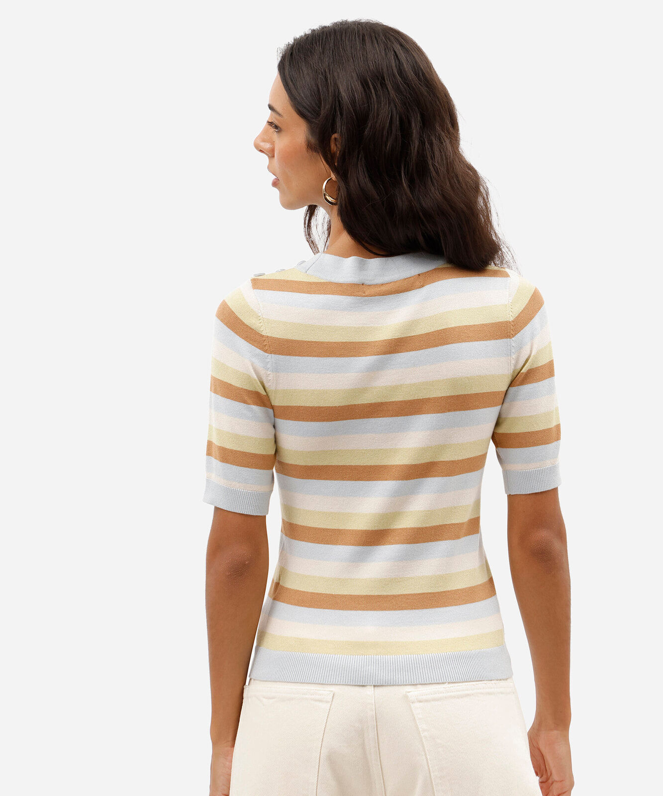 blusa feminina de tricot manga curta listrada azul