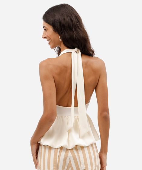 top feminino frente única com barra balonê em malha scuba crepe off white