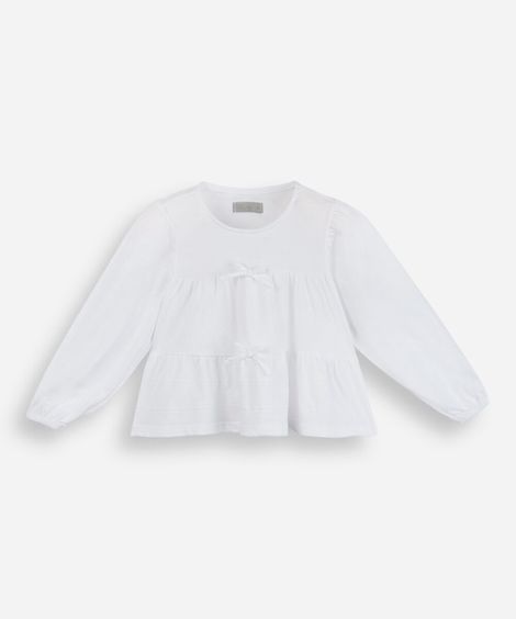 bata infantil de algodão com recortes e laços manga longa off white