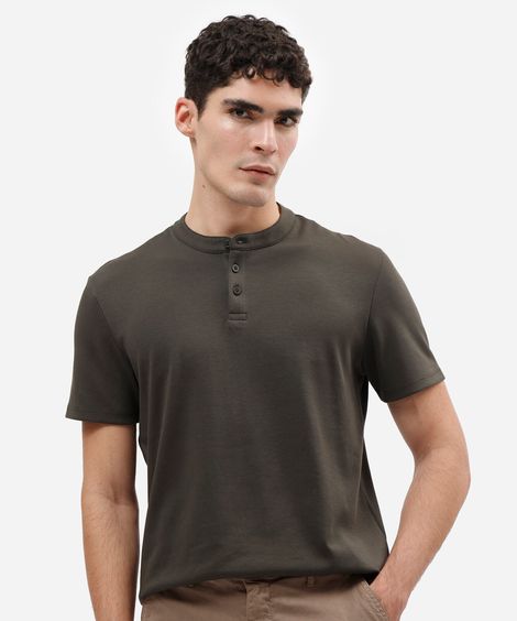 camiseta masculina de algodão peruano gola henley manga curta verde
