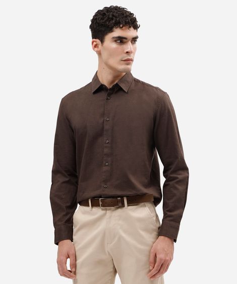 camisa masculina com linho manga longa marrom