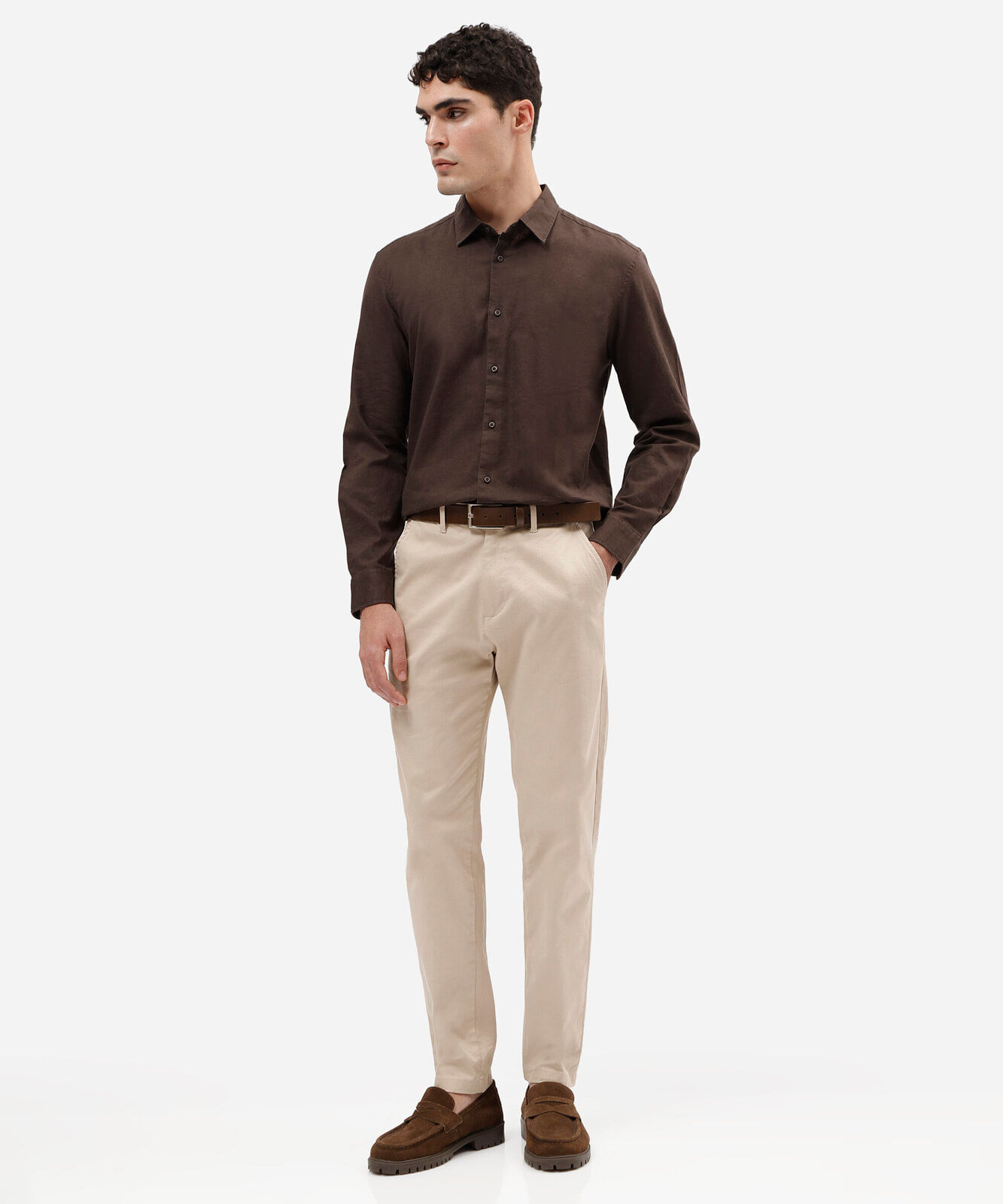 camisa masculina com linho manga longa marrom