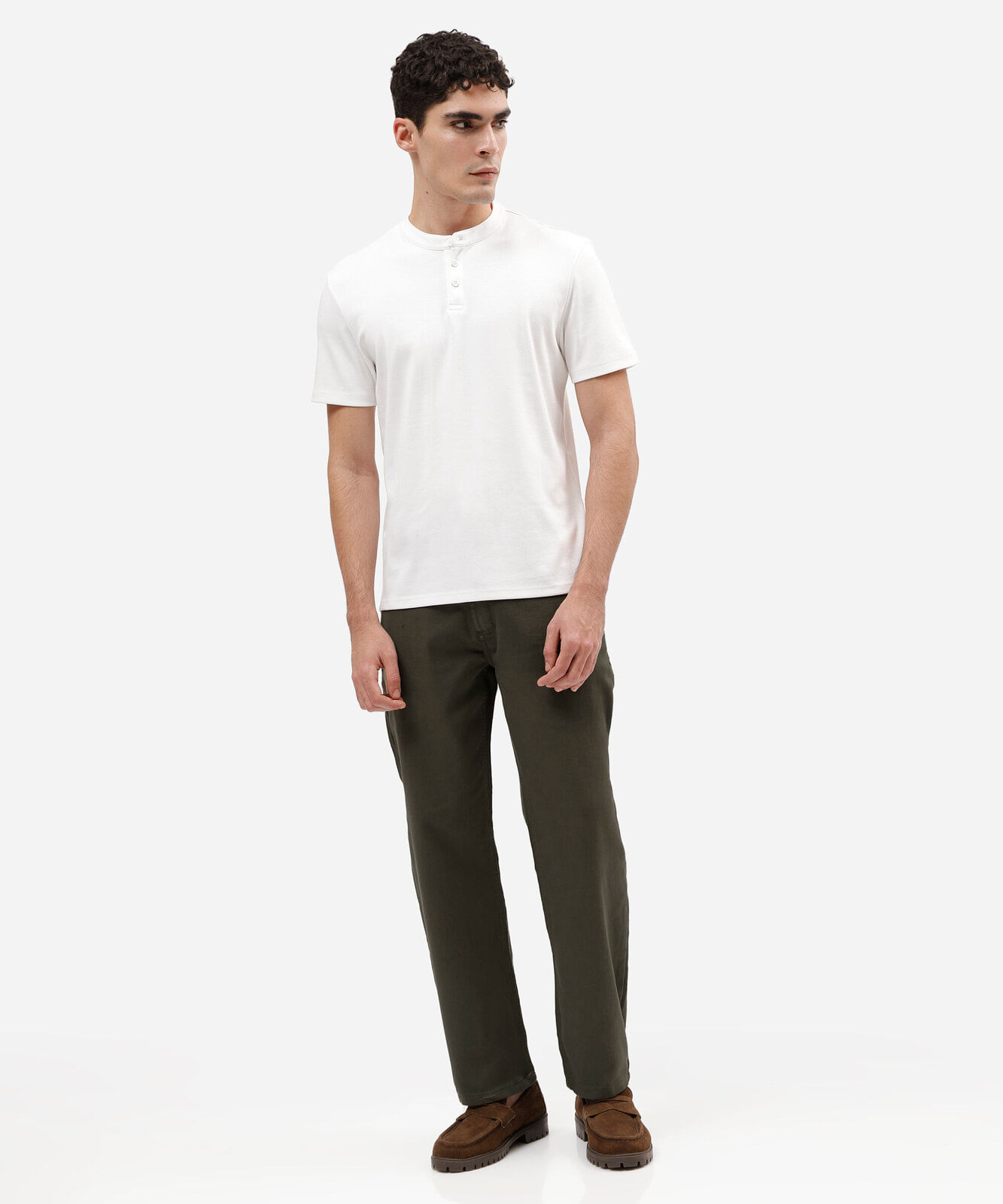 camiseta masculina de algodão peruano gola henley manga curta branca