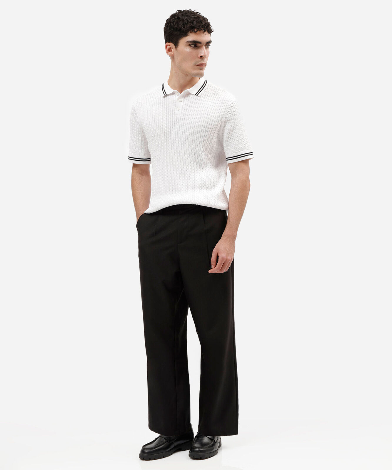 camisa polo masculina comfort de algodão texturizado com listras off white