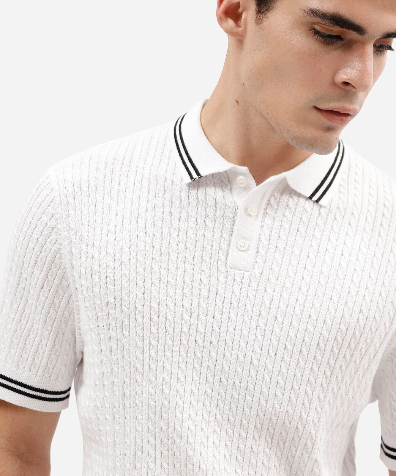 camisa polo masculina comfort de algodão texturizado com listras off white