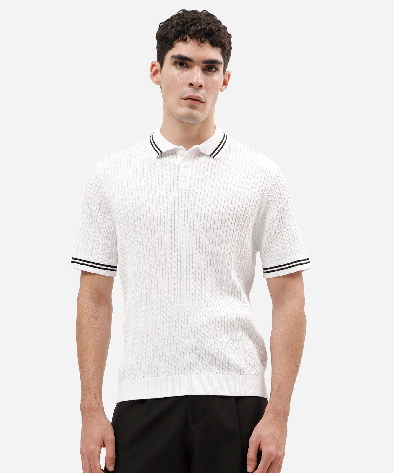 camisa polo masculina comfort de algodão texturizado com listras off white