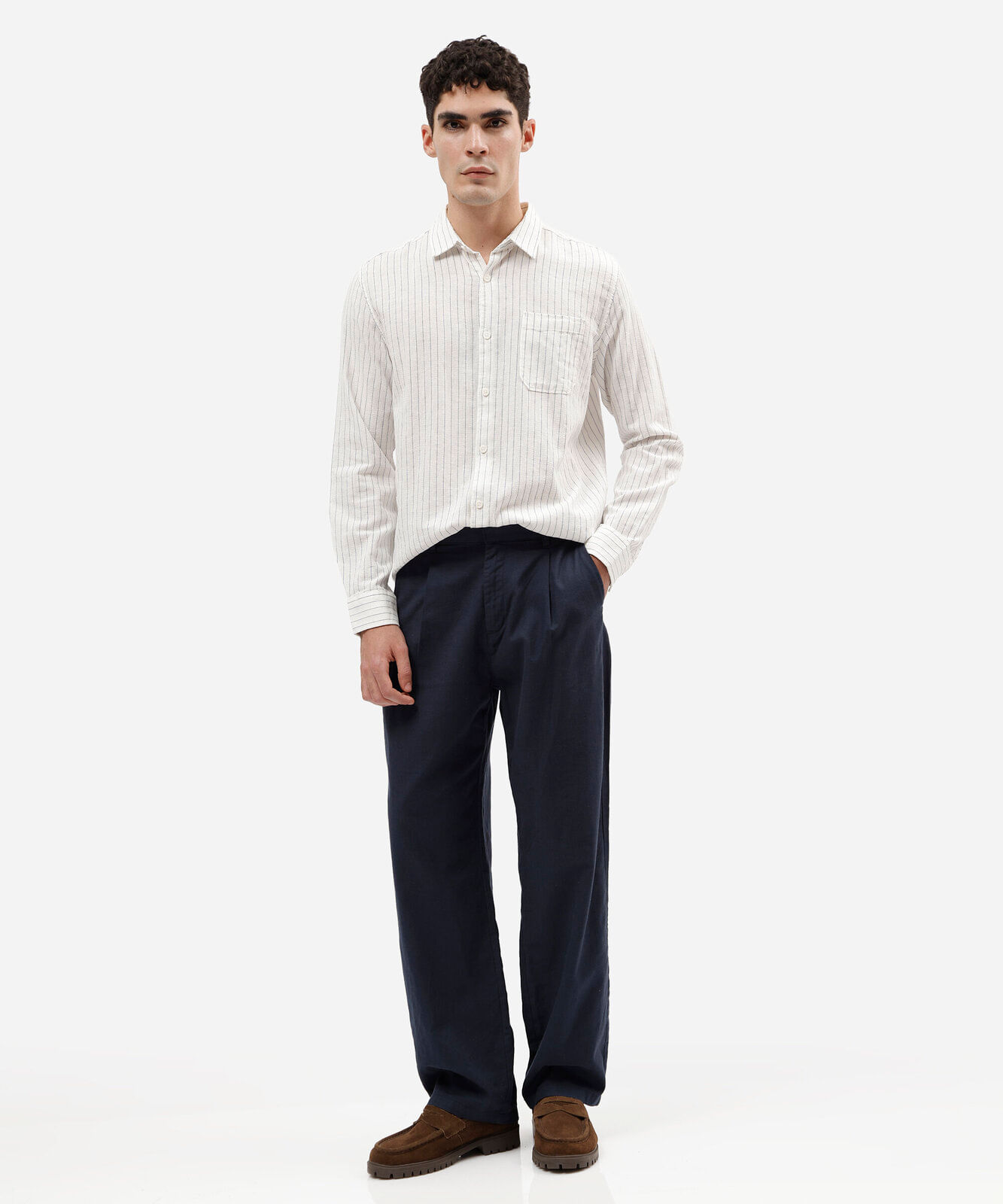 camisa masculina com linho manga longa listrada off white