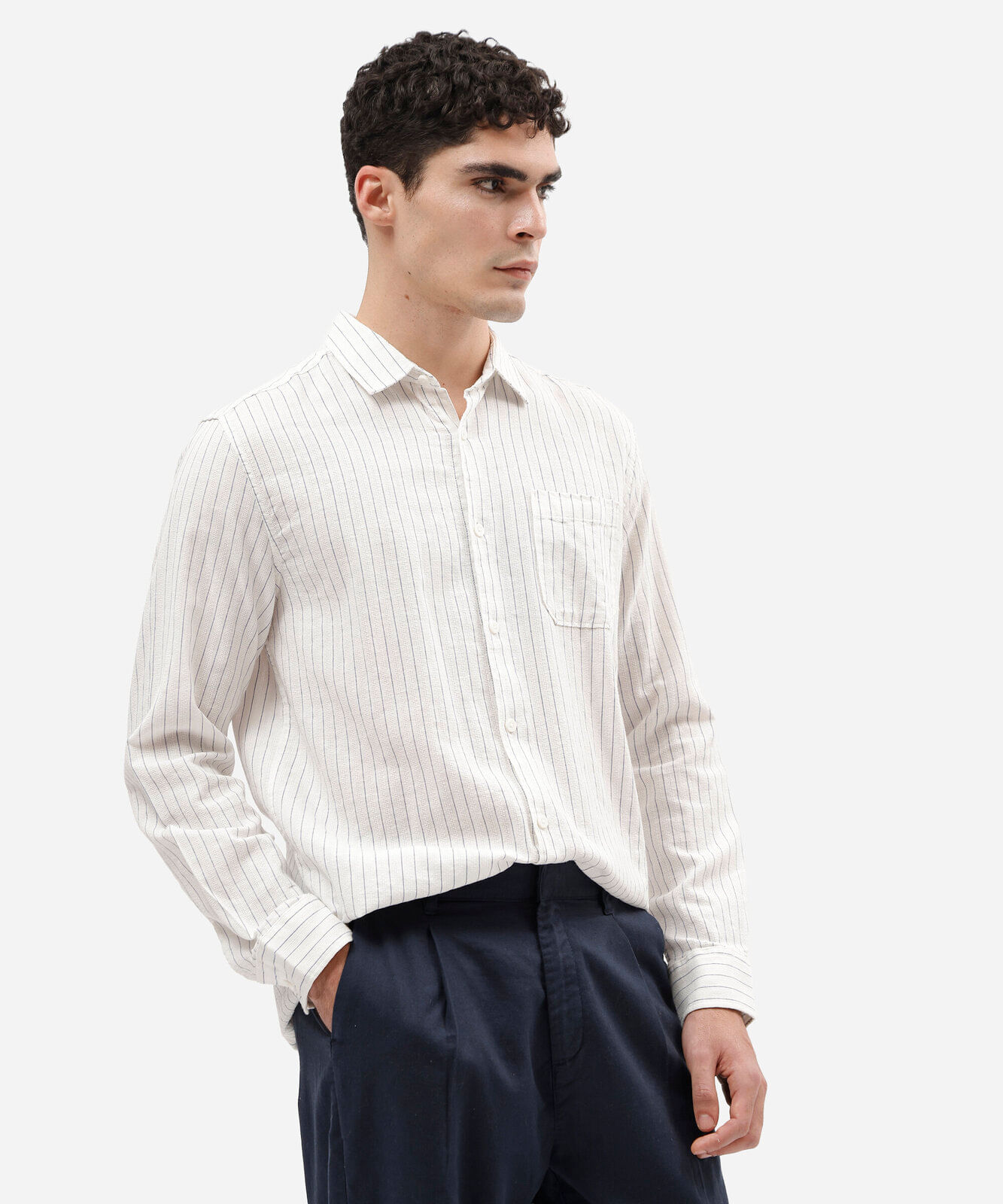 camisa masculina com linho manga longa listrada off white