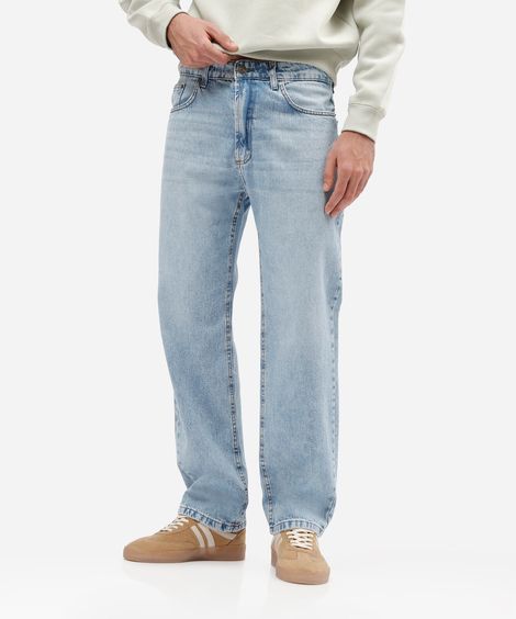 calça jeans masculina reta com lavagem marmorizada azul