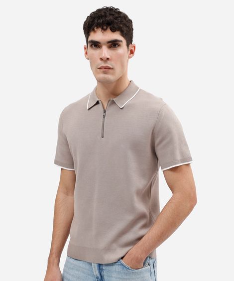 camisa polo masculina slim de tricô com zíper cinza
