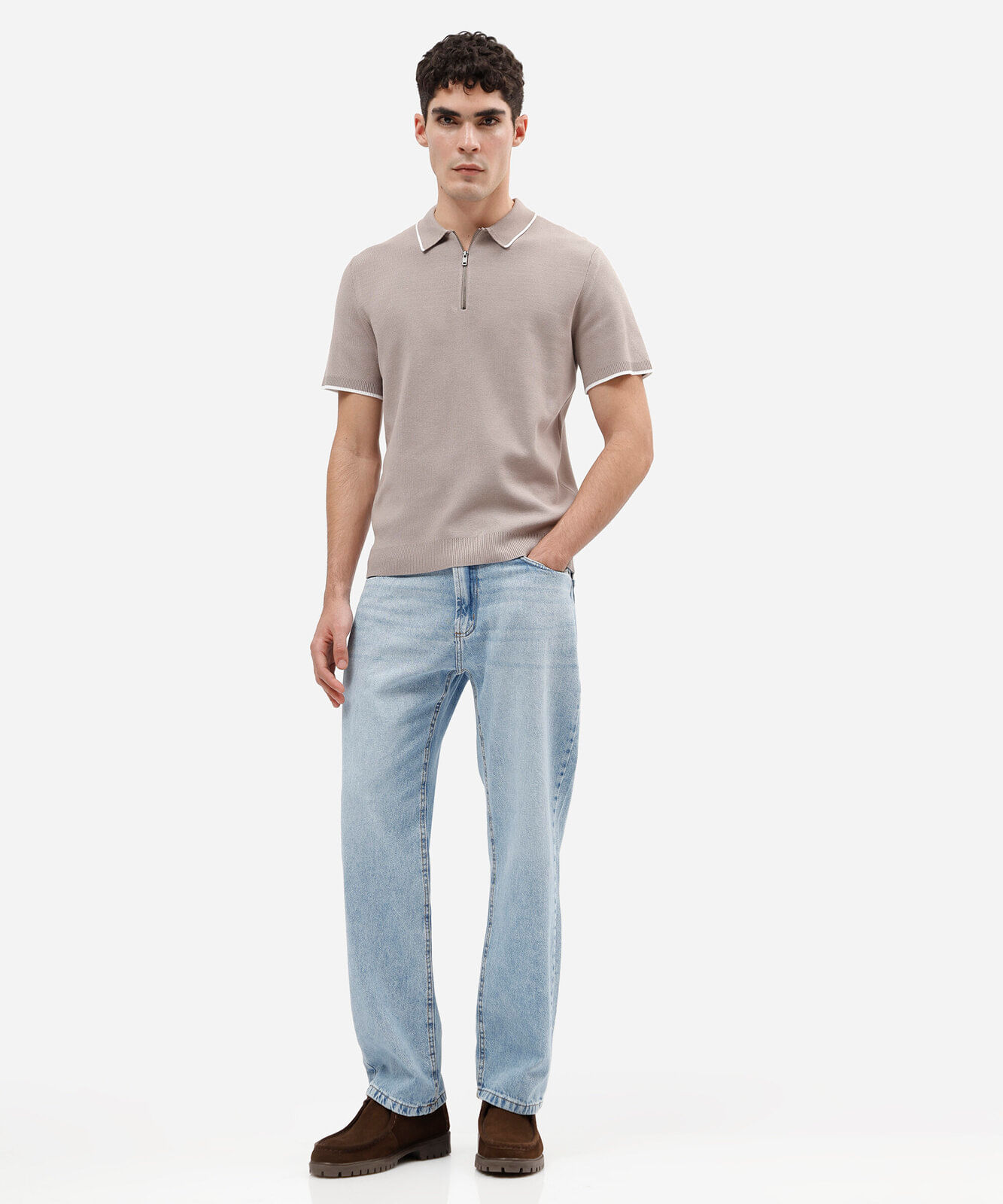 camisa polo masculina slim de tricô com zíper cinza