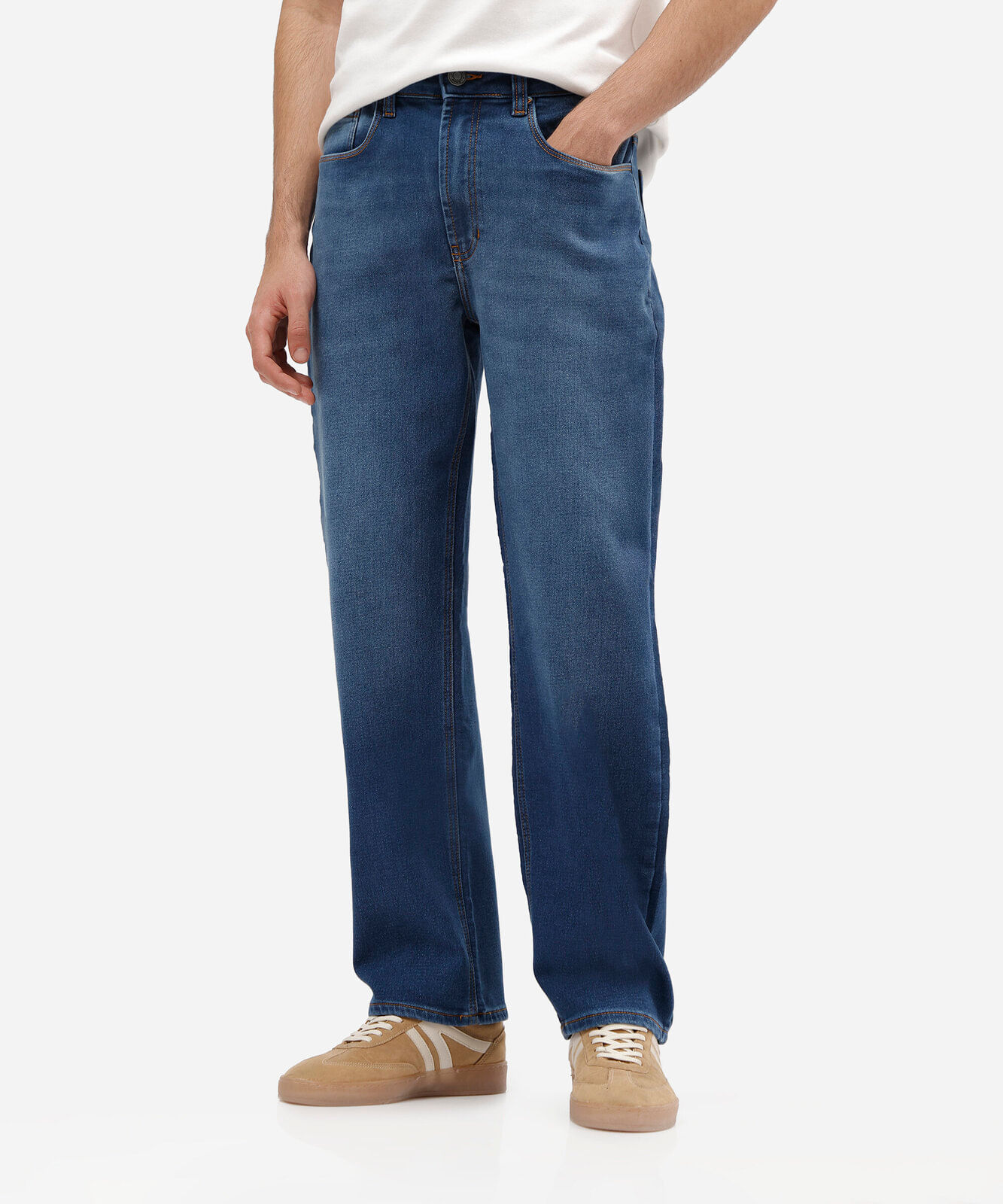calça jeans masculina reta em denim azul