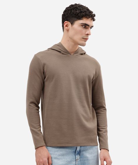 camiseta masculina manga longa com capuz texturizada bege