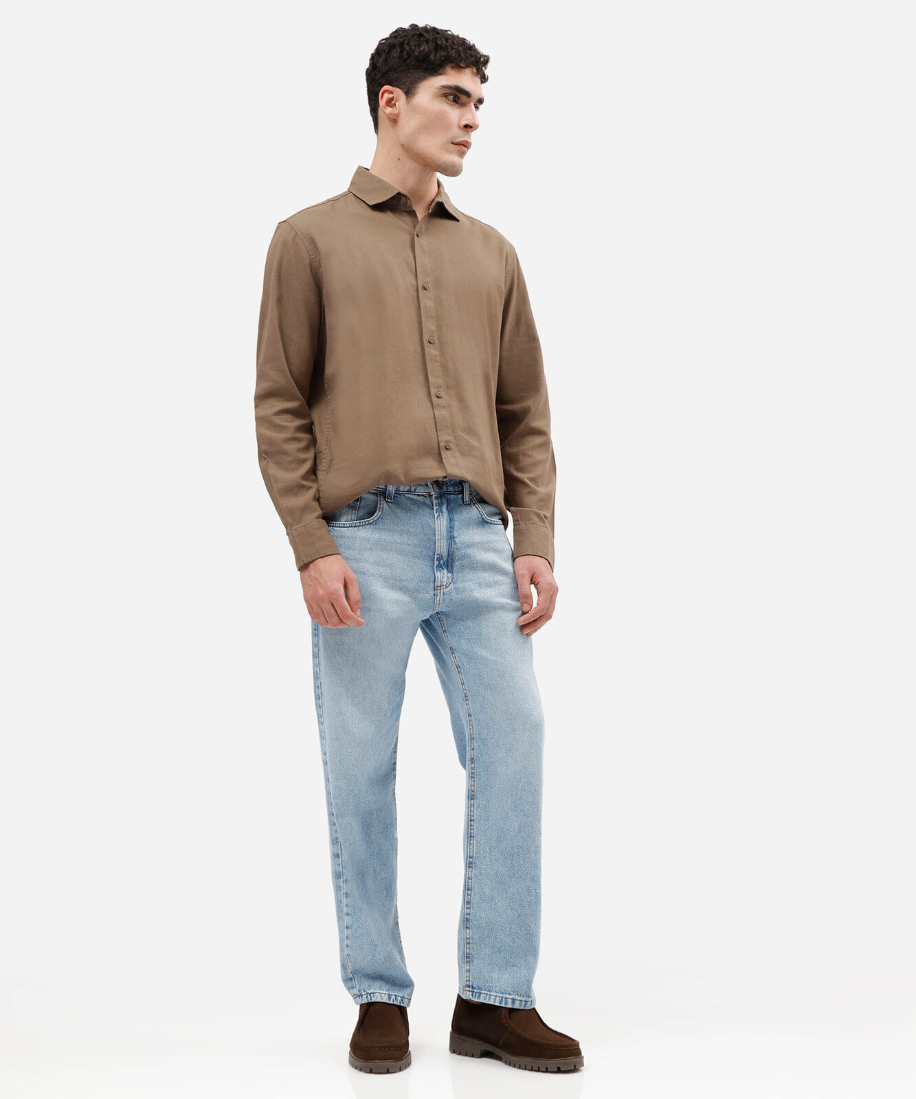 camisa masculina comfort de algodão manga longa bege