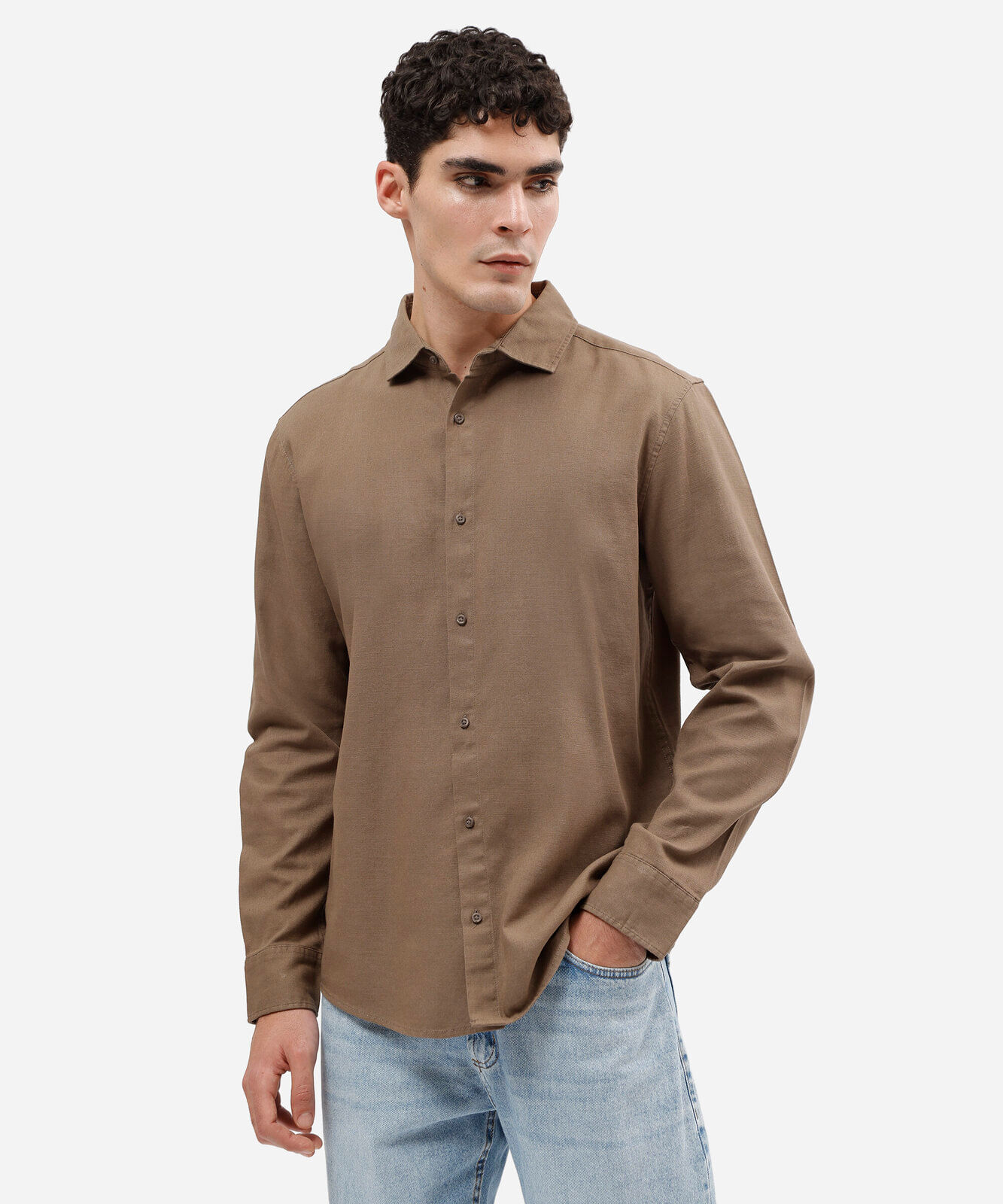 camisa masculina comfort de algodão manga longa bege