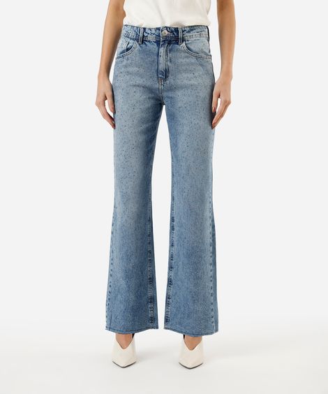 calça jeans wide leg slim com brilho cintura super alta azul