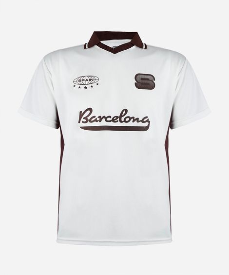camiseta esportiva juvenil com gola e recorte estampada off white