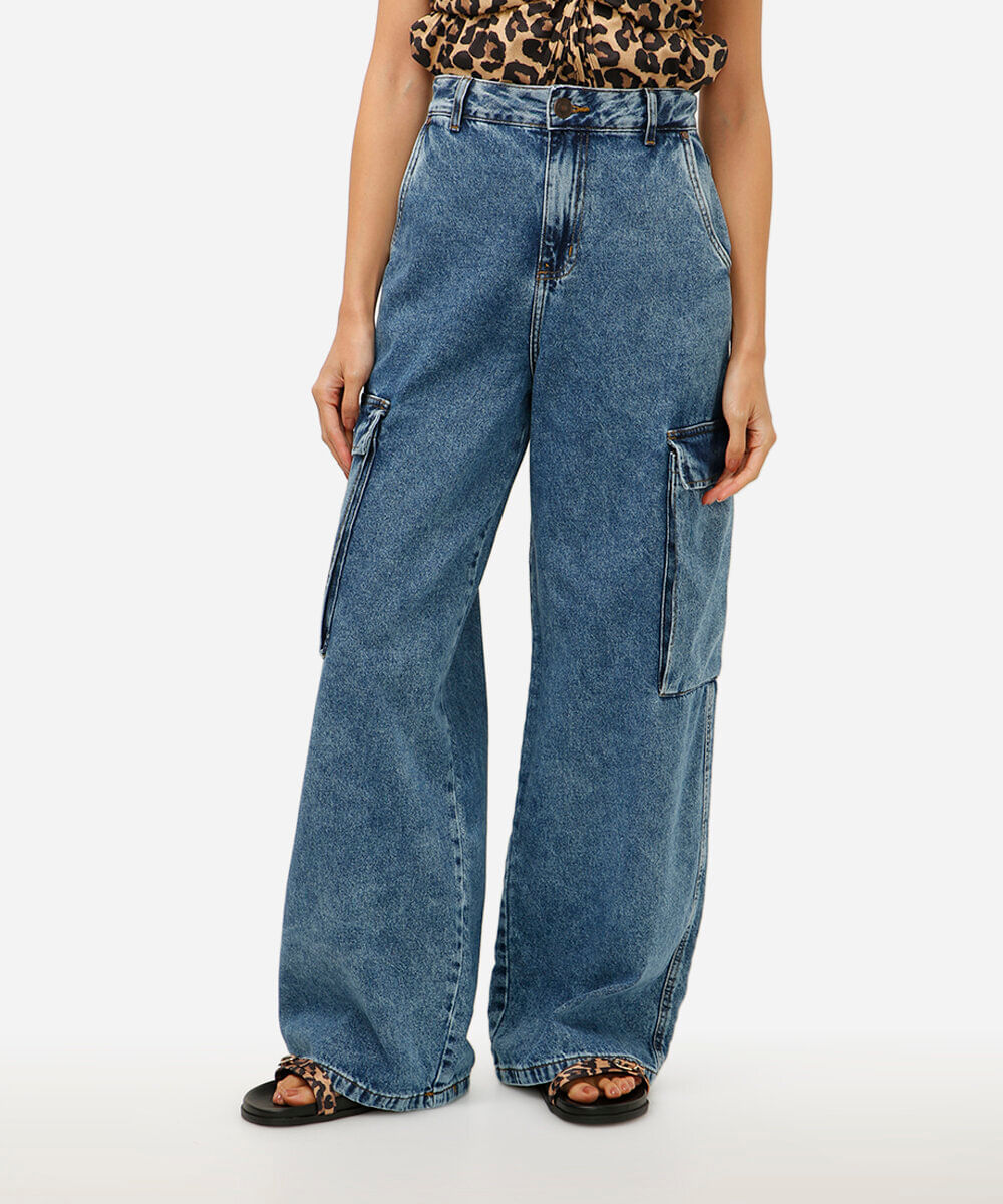calça jeans skater cargo azul