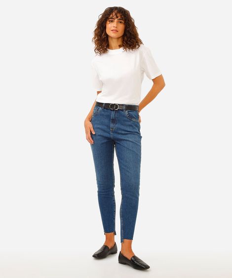 calça jeans skinny cintura super alta barra assimétrica azul