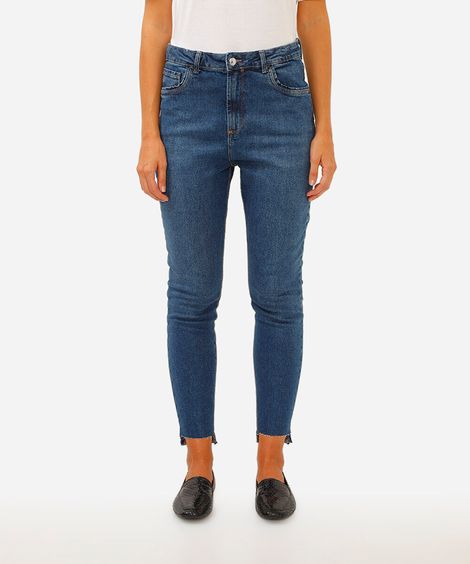 calça jeans skinny cintura super alta barra assimétrica azul